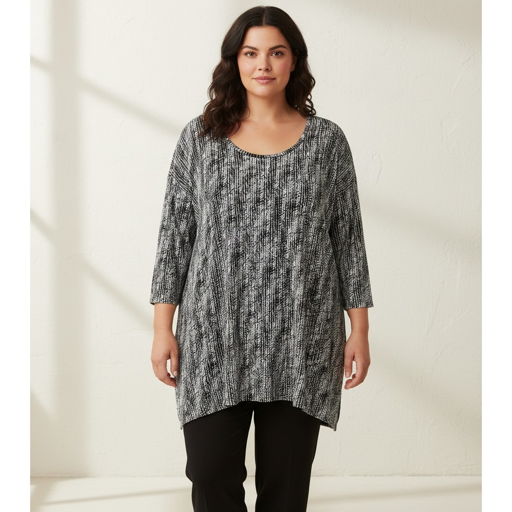 Kenar Tunic Top Black White Knit Stretch Size 1X Boho Comfy Casual Stretch Indie